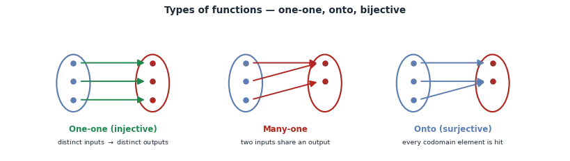 Arrow diagrams of one-one (injective), many-one and onto (surjective) functions, how to test each, the bijective condition, and formulas for counting functions, injections and bijections