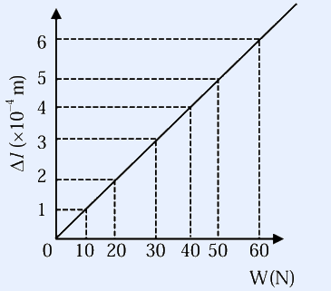 Graph showing the extension Δl (×10⁻⁴ m) of the wire on the vertical axis versus the load W (N) on the horizontal axis as a straight line.