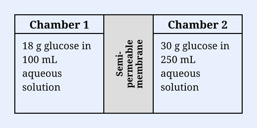 Two chambers separated by a semipermeable membrane: Chamber I with 18 g glucose in 100 mL solution and Chamber II with 30 g glucose in 250 mL solution.
