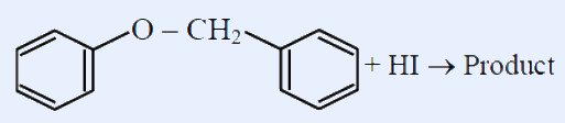 Benzyl phenyl ether: a benzene ring linked through -O-CH2- to a second benzene ring, reacting with HI to give the product.