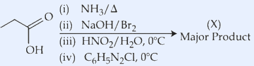 Propanoic acid undergoing the reagent sequence (i) NH3/Delta, (ii) NaOH/Br2, (iii) HNO2/H2O 0 deg C, (iv) C6H5N2Cl 0 deg C to give major product X.