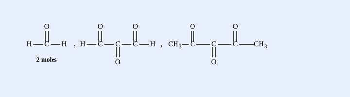 Three ozonolysis products drawn as carbonyl skeletal formulas: (i) two moles of formaldehyde H-CHO, (ii) one mole of dialdehyde OHC-CO-CHO, (iii) one mole of CH3-CO-CO-CO-CH3 triketone.