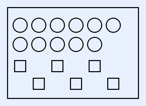 A box containing two rows of open circles (product B) above an empty region, with a few small open squares (reactant A) shown below; the figure depicts a population of squares and circles to be counted for the equilibrium ratio.