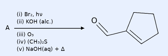 Reaction arrow over A with reagents (i) Br2, hv; (ii) KOH (alc.); (iii) O3; (iv) (CH3)2S; (v) NaOH(aq) + heat, giving cyclopent-1-ene-1-carbaldehyde (cyclopentene ring bearing a CHO group)