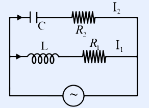 Parallel AC circuit. An AC source (circle at bottom) feeds two parallel branches between the same two nodes. Top branch: a capacitor C in series with resistor R2 (zig-zag), carrying current I2 (arrow). Bottom branch: an inductor L (coil symbol) in series with resistor R1 (zig-zag), carrying current I1 (arrow). The two branches are in parallel across the AC source.