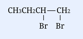 Vicinal dibromide: CH3-CH2-CH(Br)-CH2(Br) drawn as a chain with two Br atoms on the last two carbons (one Br on C2-from-end carbon, one Br on terminal CH2). Reaction arrow with reagents '(i) KOH alcohol' above and '(ii) NaNH2, liquid NH3' below.