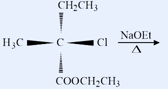 Central quaternary-ish carbon C bonded to: H3C (left), CH2CH3 (ethyl, up), Cl (right), and COOCH2CH3 (ethoxycarbonyl/ester, down). Reaction arrow to the right with 'NaOEt' above and heat symbol (Delta) below.