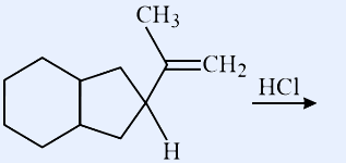 A bicyclic (decalin-type fused two-ring) skeleton bearing an exocyclic =CH2 group on a carbon also carrying a CH3 group at the ring junction region; reagent over the arrow is HCl.