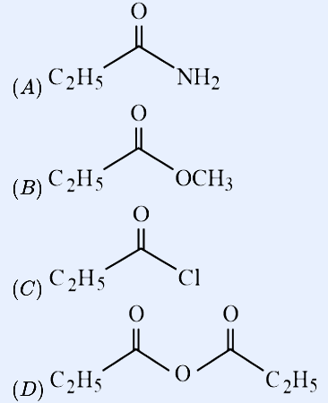 Four labelled acyl compounds bearing a C2H5 group: (A) an amide C2H5-C(=O)-NH2; (B) an ester C2H5-C(=O)-OCH3; (C) an acid chloride C2H5-C(=O)-Cl; (D) an anhydride C2H5-C(=O)-O-C(=O)-C2H5.