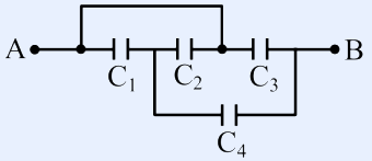 Capacitor network between terminals A and B: $C_1$ and $C_2$ are in series in the upper branch, $C_3$ forms a parallel branch across the combination of $C_1$ and $C_2$, and $C_4$ forms another parallel branch across A-B.