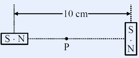 Two bar magnets shown 10 cm apart center-to-center. The left magnet is horizontal with its S pole on the left and N pole on the right (axis along the line joining the magnets). The right magnet is oriented vertically with its S pole at the top and N pole at the bottom (axis perpendicular to the line joining the magnets). Point P is marked at the midpoint of the line joining the two magnet centers.