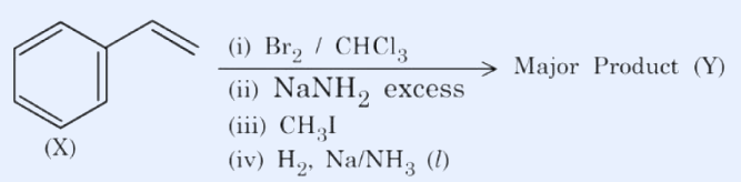 Reaction scheme: starting compound (X) is styrene (a benzene ring attached to a CH=CH2 vinyl group). Arrow shows four reagents in sequence (i) Br2/CHCl3, (ii) NaNH2 excess, (iii) CH3I, (iv) H2, Na/NH3 (l) leading to the Major Product (Y).