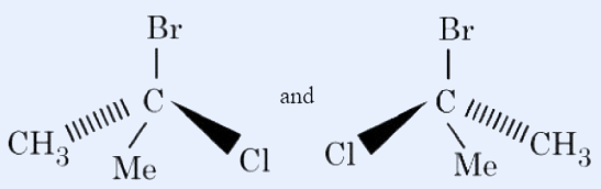 Two tetrahedral wedge-dash structures of a chiral carbon bearing four substituents Br, CH3, Me, Cl. Left structure: central C with Br (plain bond up), CH3 on dashed wedge (back, left), Me on plain bond (front, middle), Cl on solid wedge (forward, right). Right structure: central C with Br (plain bond up), Cl on solid wedge (forward, left), Me on plain bond (front, middle), CH3 on dashed wedge (back, right). The two structures are related by rotation and represent the same configuration at the stereocenter.
