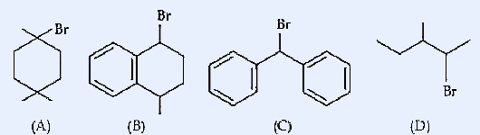 Four organic bromide structures (A), (B), (C), (D) showing different positions and environments of Br atom