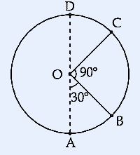 Circular path in vertical plane with center O. Point A at bottom, point B at 30° from vertical (bottom right), point C at 90° from point A (horizontal right from center). Radius is 2 m.