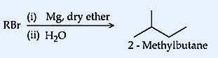 Reaction scheme showing RBr reacting with (i) Mg, dry ether then (ii) H2O to produce 2-Methylbutane structure