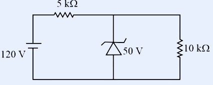 Zener regulator circuit: a 120 V battery on the left. A 5 k-ohm resistor in series along the top wire. A Zener diode (drawn with the characteristic bent-cathode bar) in the middle branch labelled 50 V, connected vertically across the line. To the right a 10 k-ohm load resistor (zig-zag) is in parallel with the Zener. The Zener and 10 k-ohm are both across the output, returning to the battery negative terminal at the bottom.