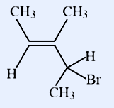 Skeletal structure of a branched alkene: a central C=C double bond drawn horizontally; the left double-bond carbon bears a CH3 group above and an H below; the right double-bond carbon bears a CH3 group above and, below, a CH(Br)(CH3) carbon (an H and Br to its right, a CH3 below). Overall the compound is 4-bromo-3-methylpent-2-ene: CH3-CH=C(CH3)-CH(Br)-CH3.