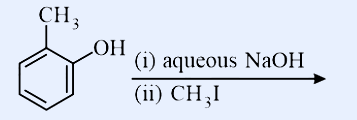 An ortho-substituted benzene ring (o-cresol type): a benzene ring bearing a CH3 group on one ring carbon and an OH group on the adjacent ring carbon. To the right, a reaction arrow labelled above with (i) aqueous NaOH and below with (ii) CH3I.