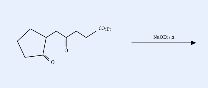 A cyclopentane ring bearing a ketone (C=O) on a ring carbon; from the carbonyl carbon a chain extends as -C(=O)-CH2-CH2-CO2Et (an ethyl ester at the chain end). Reaction arrow to the right labelled above with NaOEt and below with the heat symbol (delta).