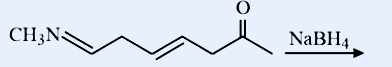 An open-chain compound: CH3N (a methylamino / N-methyl group) at the left end attached through a chain that contains a carbon-carbon double bond (C=C) and a ketone (C=O), drawn as a zig-zag skeletal chain ending in a branched (gem-dimethyl) terminus. Reaction arrow to the right labelled above with NaBH4.