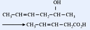 Transformation drawn over two lines. Starting material: CH3-CH=CH-CH2-CH-CH3 with an OH substituent on the fifth carbon (the carbon bearing OH, drawn above it). A downward/forward reaction arrow leads to the product CH3-CH=CH-CH2CO2H (a carboxylic acid retaining the CH=CH double bond). The double bond is to be preserved while the secondary alcohol/end is converted to a carboxylic acid (oxidative cleavage).