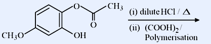 A benzene ring bearing three substituents: an O-CH3 (acetate ester, drawn as O-C(=O)CH3) on one ring carbon at the top, an OCH3 (methoxy) group on the lower-left ring carbon, and an OH (hydroxyl) on the adjacent lower ring carbon. Reaction conditions to the right: (i) dilute HCl / heat, then (ii) (COOH)2 / Polymerisation.