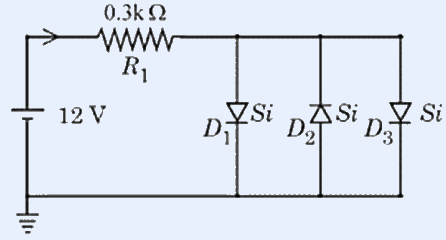 A 12 V battery in series with a resistor R1 of 0.3 k ohm feeds a node from which three silicon diodes hang in parallel branches to the bottom rail. The left diode D1 is forward biased (arrow pointing down toward the bottom rail, labelled Si), the middle diode D2 is connected with reversed polarity (arrow pointing up, labelled Si), and the right diode D3 is forward biased (arrow pointing down, labelled Si).