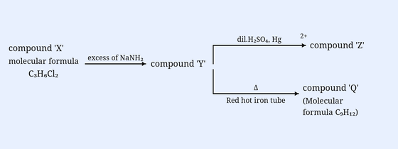 Reaction sequence. Compound 'X' with molecular formula C3H6Cl2 reacts with excess of NaNH2 to give compound 'Y'. Compound Y is then treated with dil.H2SO4, Hg2+ to give compound 'Z'. Separately compound Y is passed over a Red hot iron tube to give compound 'Q' (molecular formula C9H12). Layout: 'compound X (molecular formula C3H6Cl2)' --excess of NaNH2--> 'compound Y' --dil.H2SO4, Hg2+--> 'compound Z'; and 'compound Y' --Red hot iron tube--> 'compound Q (Molecular formula C9H12)'.