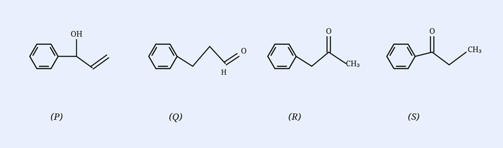 Four isomeric C9H10O compounds: (P) 1-phenylprop-2-en-1-ol, a benzene ring bearing a CH(OH) carbon connected to a vinyl group CH=CH2; (Q) 3-phenylpropanal, benzene-CH2-CH2-CHO with the aldehyde C=O and H shown; (R) 1-phenylpropan-2-one (phenylacetone), benzene-CH2-C(=O)-CH3 with the C=O pointing down; (S) 1-phenylpropan-1-one (propiophenone), benzene-C(=O)-CH2-CH3.