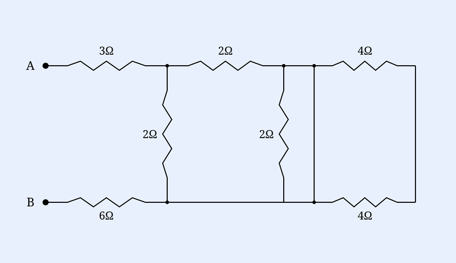 Resistor network between A and B: top 3, 2, 4 ohm; bottom 6 and 4 ohm; two vertical 2 ohm resistors and a connecting wire.
