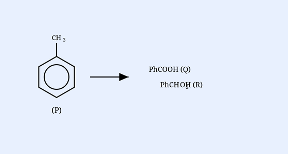 Toluene (benzene ring with CH3) labelled P, reacting to give PhCOOH (Q) and PhCH2OH (R).