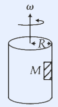 A vertical cylindrical drum of radius R spinning about its vertical axis with angular velocity omega; a hatched block of mass M is pressed against the inner wall of the drum.
