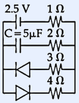 A circuit with a 2.5 V source and a 1 ohm resistor on the top branch; a 5 microfarad capacitor C on the left; resistors 2 ohm, 3 ohm, 4 ohm and two diodes are arranged so that in steady state current flows through the 1 ohm and 4 ohm path while the capacitor voltage Vc is measured across the lower branch.
