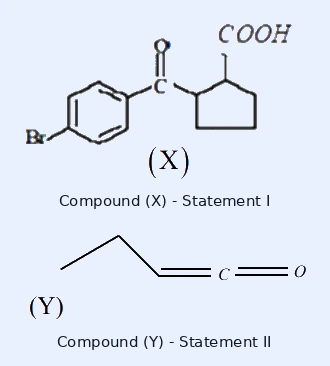 Compound (X), for Statement I (top): a cyclopentane ring bearing a (4-bromobenzoyl) group and a COOH group on adjacent ring carbons. Compound (Y), for Statement II (bottom): CH3-CH2-CH=C=O, a substituted ketene with sp3, sp3, sp2 and sp carbons.
