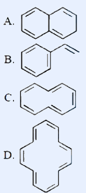 Four labelled organic ring structures A, B, C, D drawn vertically. A: fused bicyclic naphthalene-like aromatic with an exocyclic =CH2 (methylene) double bond at one ring junction position. B: a bicyclic fused aromatic ring system (two fused six-membered rings, fully conjugated). C: a fused bicyclic ring system with an extended conjugated polyene appearing as a larger annulene-type ring. D: a large monocyclic annulene ring (macrocyclic conjugated polyene). Question asks which of these are aromatic.