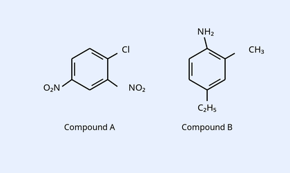 Two drawn benzene-ring compounds. Compound A: a benzene ring bearing a Cl at the top-right, and two NO2 groups (one at left labelled O2N and one at lower right labelled NO2). Compound B: a benzene ring bearing an NH2 group at the top, a CH3 group on the upper right of the ring, and a C2H5 (ethyl) group at the bottom of the ring.