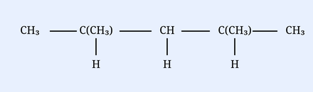 Open-chain branched alkane drawn as: CH3 - C(CH3)2 - CH - C(CH3)2 - CH3, with H atoms shown below the second, third and fourth carbons (vertical bonds to H). Branched skeletal chain used to count secondary (2 degree) carbon atoms.