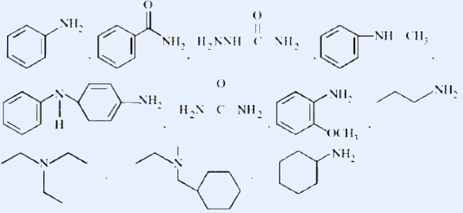 Set of amine structures: aniline (C6H5-NH2), a structure with NH2 and NHSH groups, an amide C(=O)NH2 / NHC group on ring, N-methyl-N-phenyl (NH-CH3), an N-H heterocyclic/secondary amine, cyclohexyl-NH-C(=O), ethylamine chain NH2, cyclohexylamine NH2 etc. Count primary amines giving NaOH-soluble sulphonamides with Hinsberg's reagent.