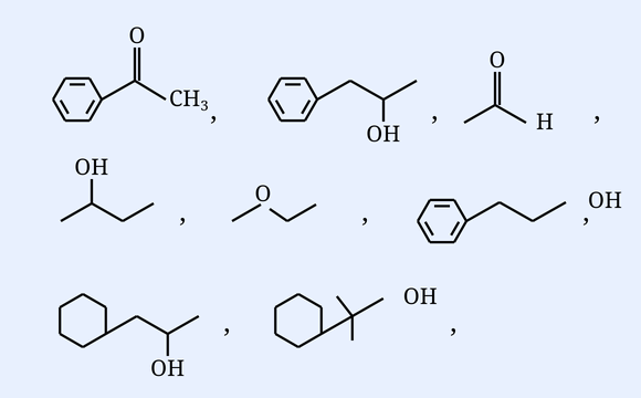 Eight candidate organic structures (acetophenone, alcohols, aldehyde, ether, etc.) to be classified.