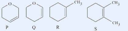 Four organic molecules labeled P, Q, R, and S: P is a six-membered ring with oxygen (cyclic ether with double bond), Q is a six-membered cyclic ether (tetrahydropyran), R is cyclohexene with an exocyclic methyl group, S is 1,2-dimethylcyclohexene