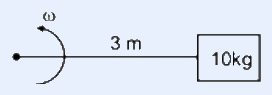 A small circle (pivot/fixed end of string) on the left connected by a horizontal string of length 3 m to a block labelled 10 kg on the right; the block is whirled in a horizontal circle about the fixed end.