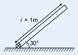 A thin rod of length l = 1 m hinged/pivoted at its lower end on hatched ground, inclined at 30 degrees above the horizontal, shown released from rest at that angle. The 30 degree angle is marked between the rod and the horizontal ground line.