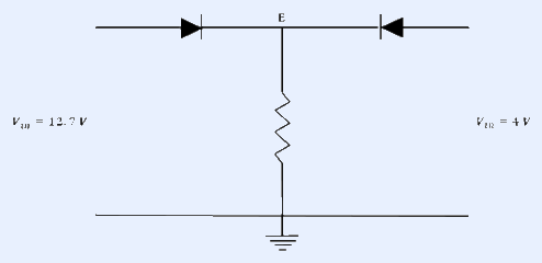 Two-diode network. Top horizontal line has node E in the middle. To the left a diode points from node A toward E with terminal A at supply giving V_AB = 12.7 V; to the right a diode points from node H toward E with terminal H giving V_GH = 4 V. From node E a resistor goes down to node F/G connected to ground (earth symbol). Both diodes are ideal with 0.7 V built-in potential; the potential of point E is asked.