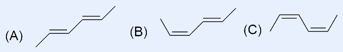 Three alkadiene structures labelled (A), (B), (C): (A) all-trans diene zig-zag chain; (B) diene with one cis and one trans double bond; (C) diene with cis geometry. Drawn as skeletal hexadiene chains differing in cis/trans configuration.