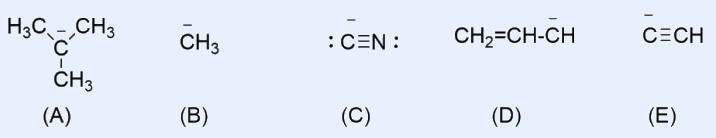 Five carbanion intermediates labelled (A)-(E): (A) tert-butyl carbanion (H3C)3C-: with three CH3 groups; (B) methyl carbanion :CH3 (negative); (C) cyanide carbanion :C#N: ; (D) allyl-type carbanion CH2=CH-CH (with negative charge); (E) acetylide carbanion C#CH (negative).