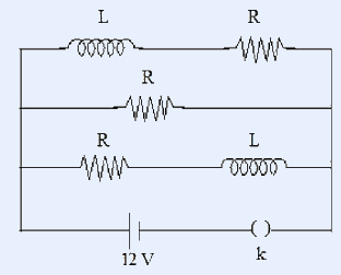 Three parallel branches (L+R, R, R+L) across a 12 V battery and switch k.