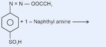 Benzene ring (aromatic circle) with N=N-OOCCH3 at top and SO3H para, plus 1-naphthylamine and a reaction arrow to the red dye.