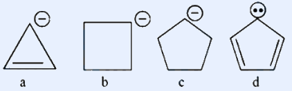 Four cyclic carbanion structures labelled a, b, c, d in a row. (a) a cyclopropene-type three-membered ring bearing a negative charge (circled minus) at the carbanionic carbon. (b) a four-membered cyclobutane-type ring with a circled minus charge at one carbon. (c) a five-membered cyclopentane/cyclopentene-type ring with a circled minus charge at one carbon. (d) a five-membered cyclopentadienyl ring (two double bonds) bearing a circled minus charge with a lone pair (two dots) at the carbanionic carbon.