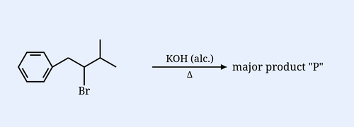 Reaction scheme. Substrate on left: a benzene ring attached to CH2, then to a CH bearing a Br substituent drawn below it, then to a carbon carrying two methyl branches (isopropyl/tert-type terminus); skeletal structure of 2-bromo-3-methyl-1-phenylbutane type. Arrow labelled KOH(alc) above and triangle (heat) below, pointing to text 'major product P'.